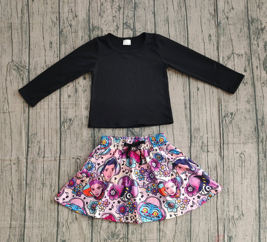 Long sleeves top music skirt kids girls clothing set
