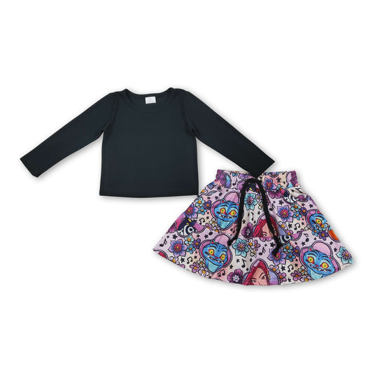 Long sleeves top music skirt kids girls clothing set