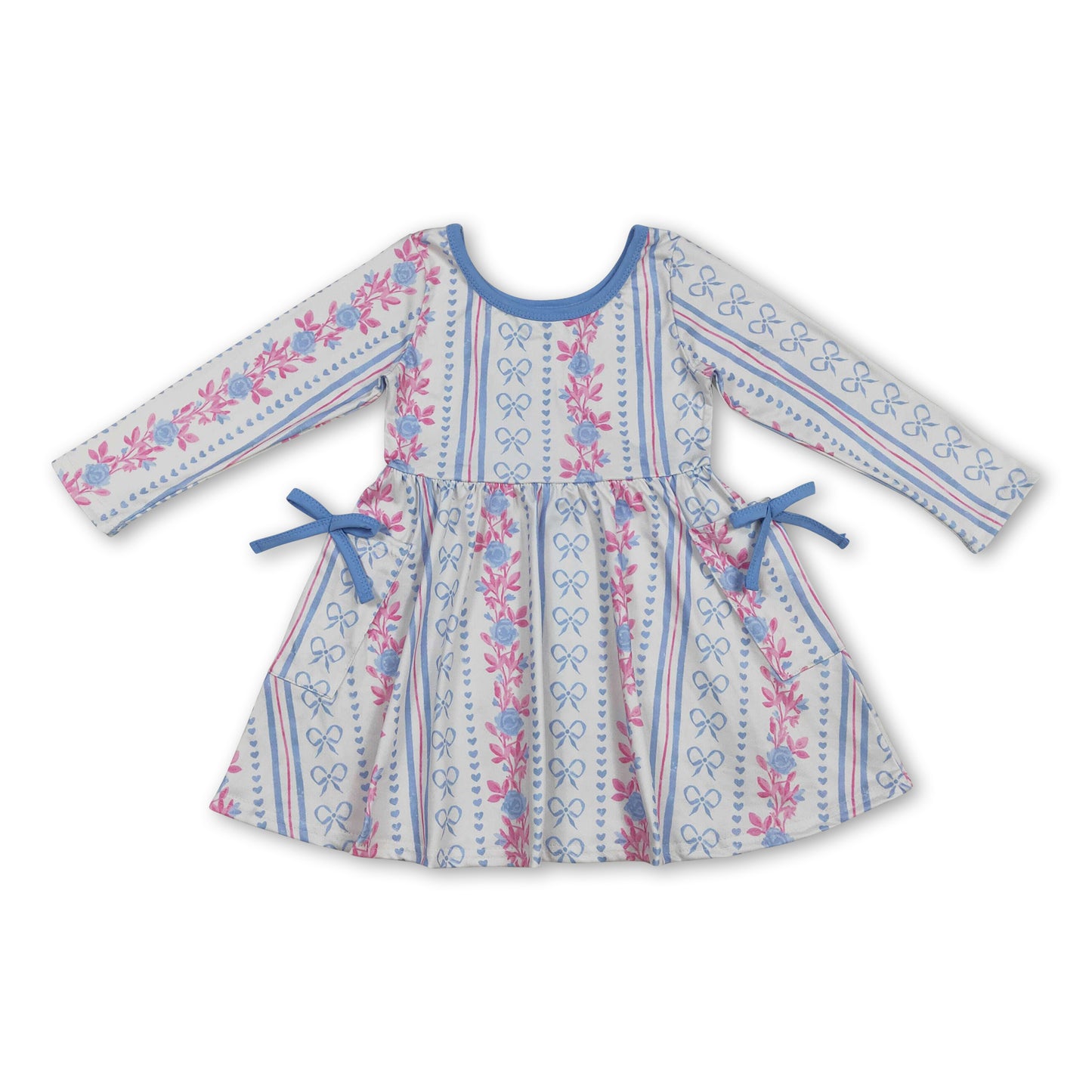 Long sleeves blue bow floral pockets kids girls dresses