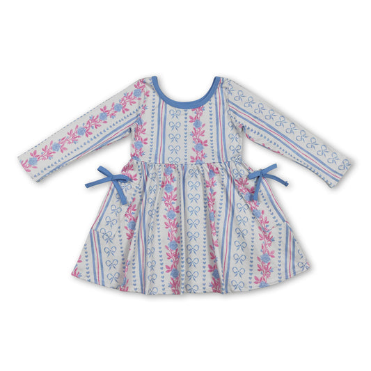 Long sleeves blue bow floral pockets kids girls dresses