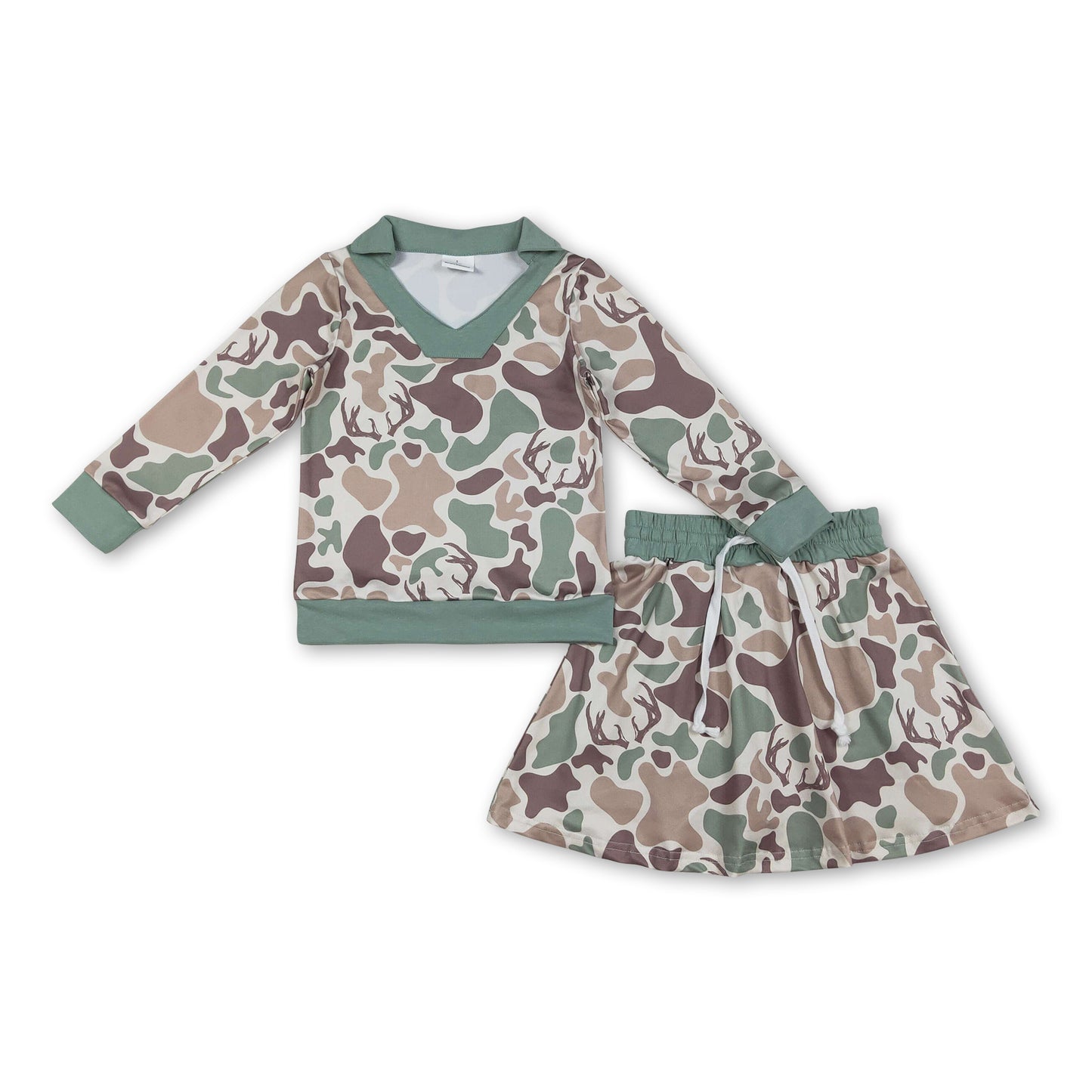 Long sleeves deer camo top skirt girls clothing set