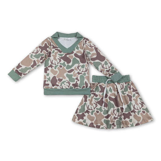 Long sleeves deer camo top skirt girls clothing set
