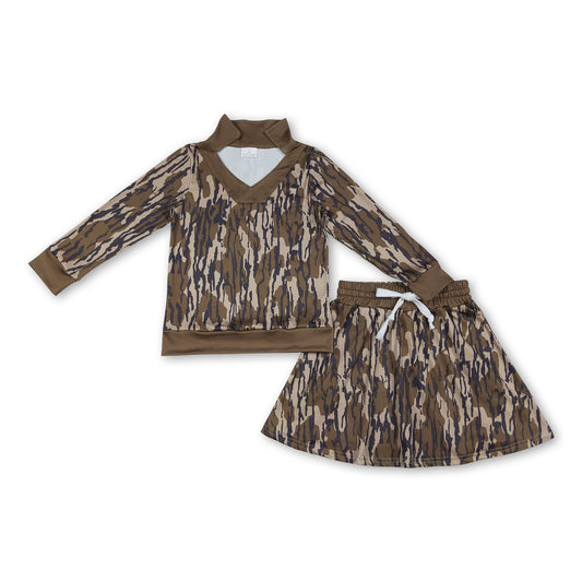 Long sleeves olive camo top skirt girls clothing set