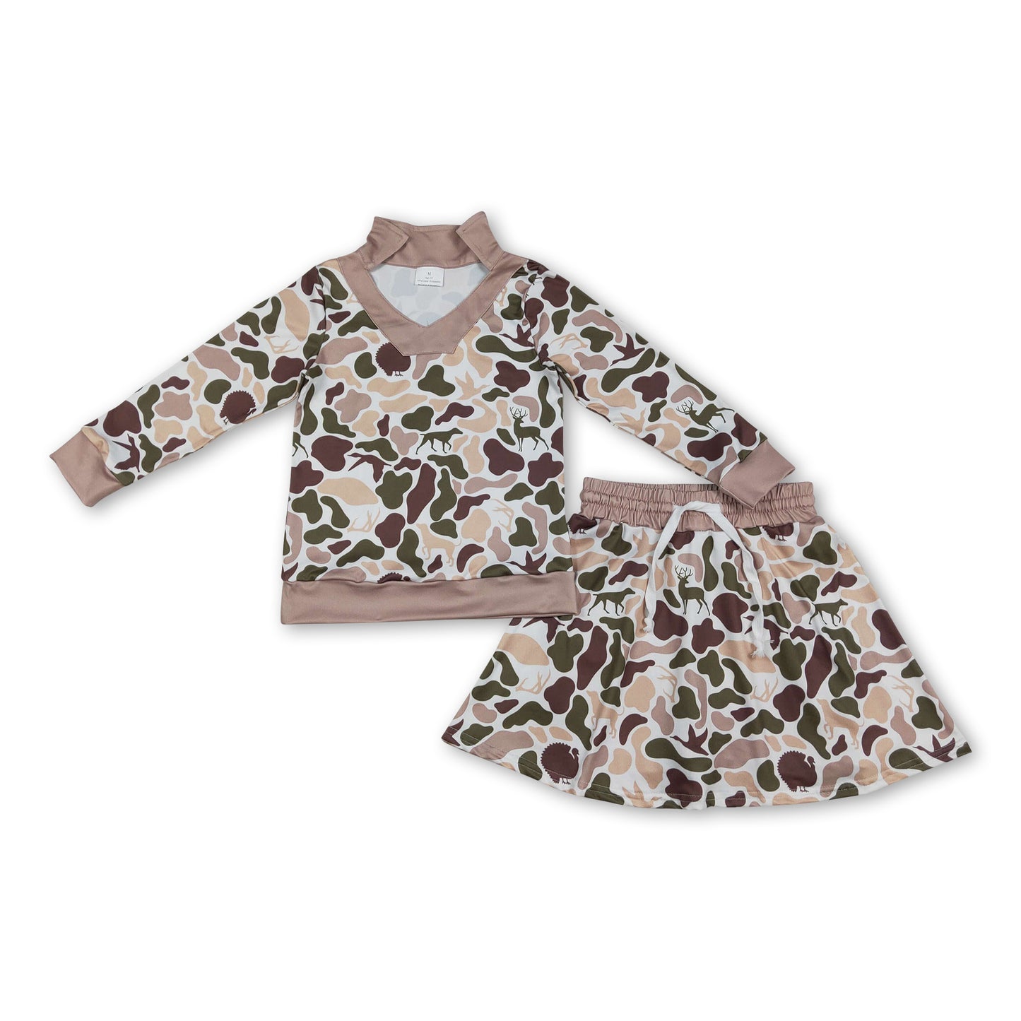 Long sleeves hunting camo top skirt girls clothing set