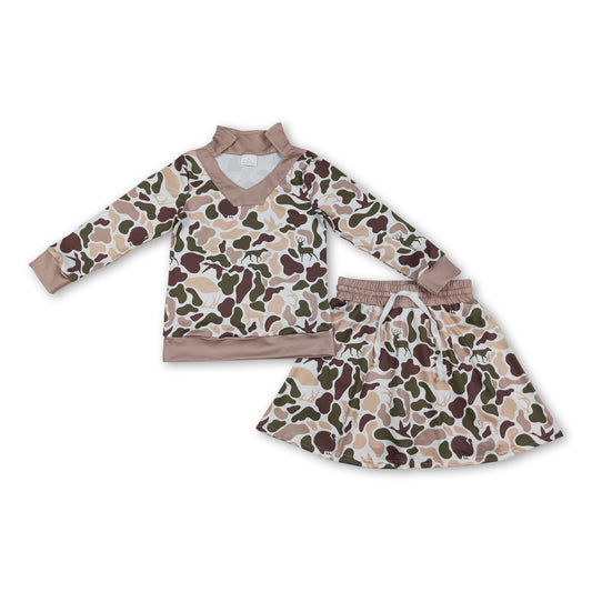 Long sleeves hunting camo top skirt girls clothing set
