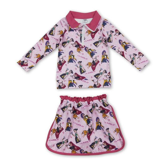 Hot pink music pullover skirt kids girls clothing set