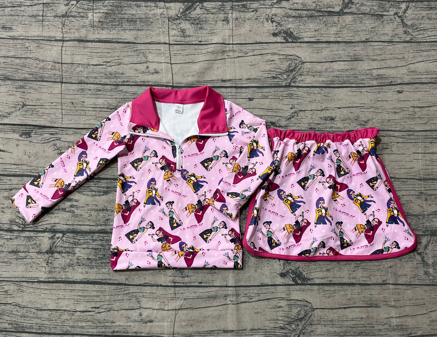 Hot pink music pullover skirt kids girls clothing set