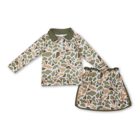 Long sleeves green camo top skirt baby girls clothing