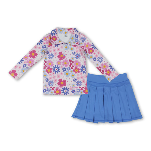 Floral pullover light blue pleated skirt girls yoga activewear set