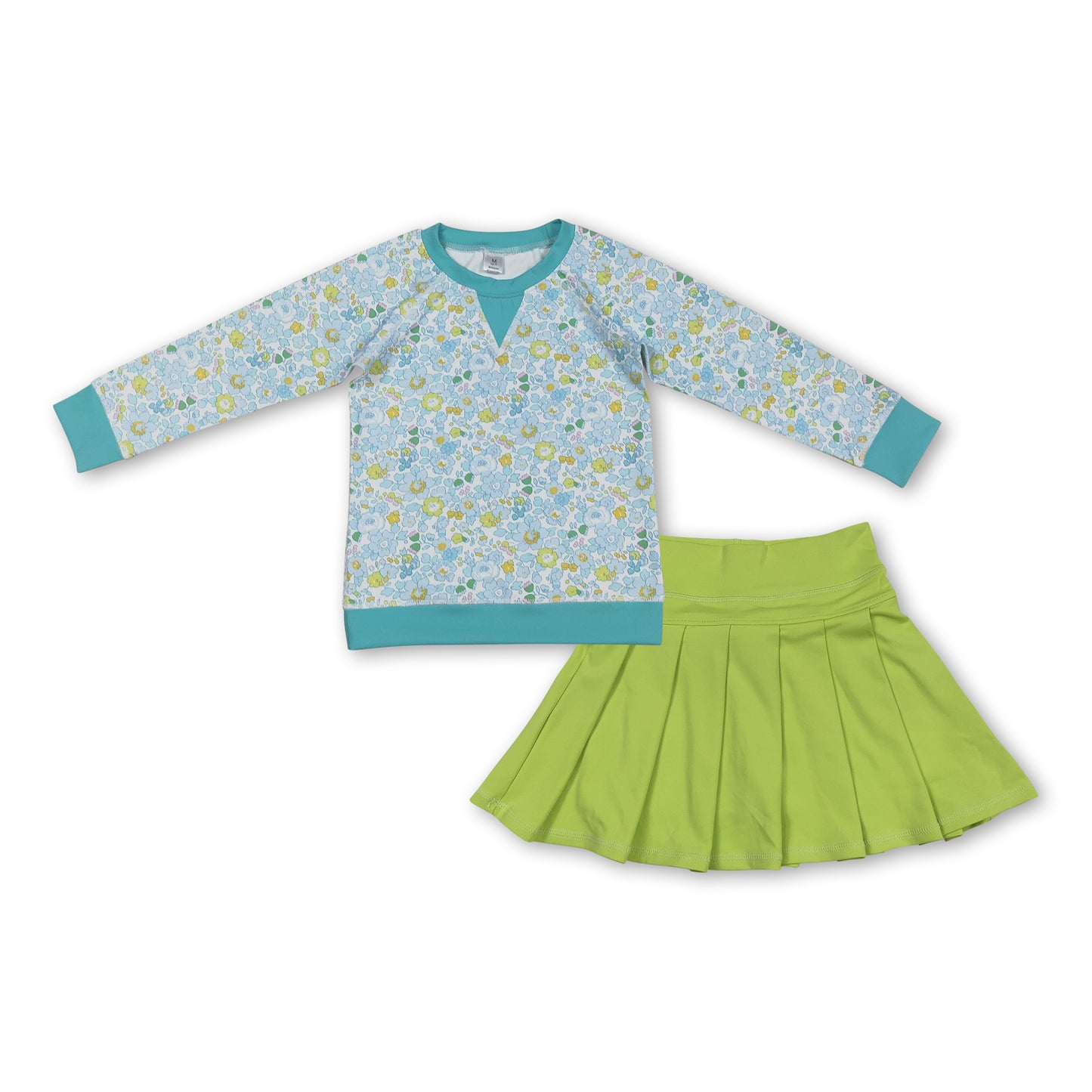 Floral top green pleated skirt girls yoga activewear set