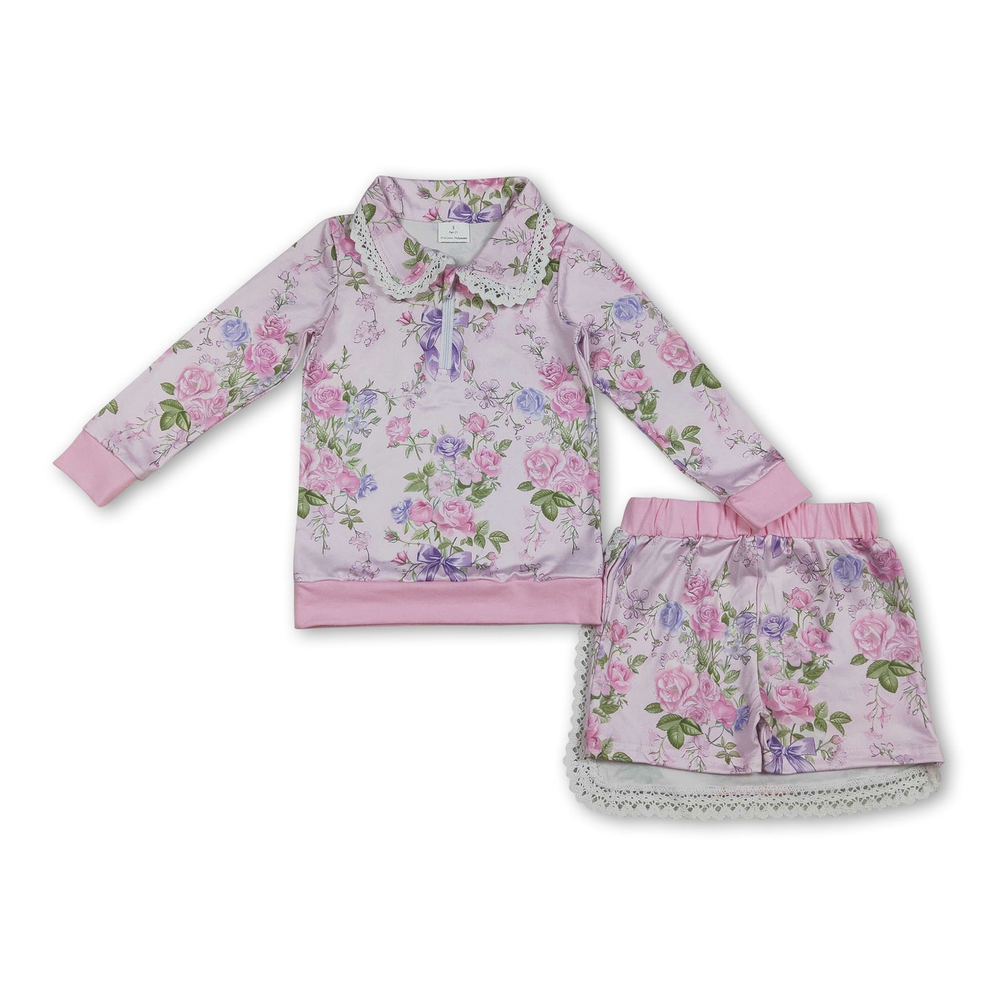 Long sleeves floral zipper pullover shorts kids girls outfits