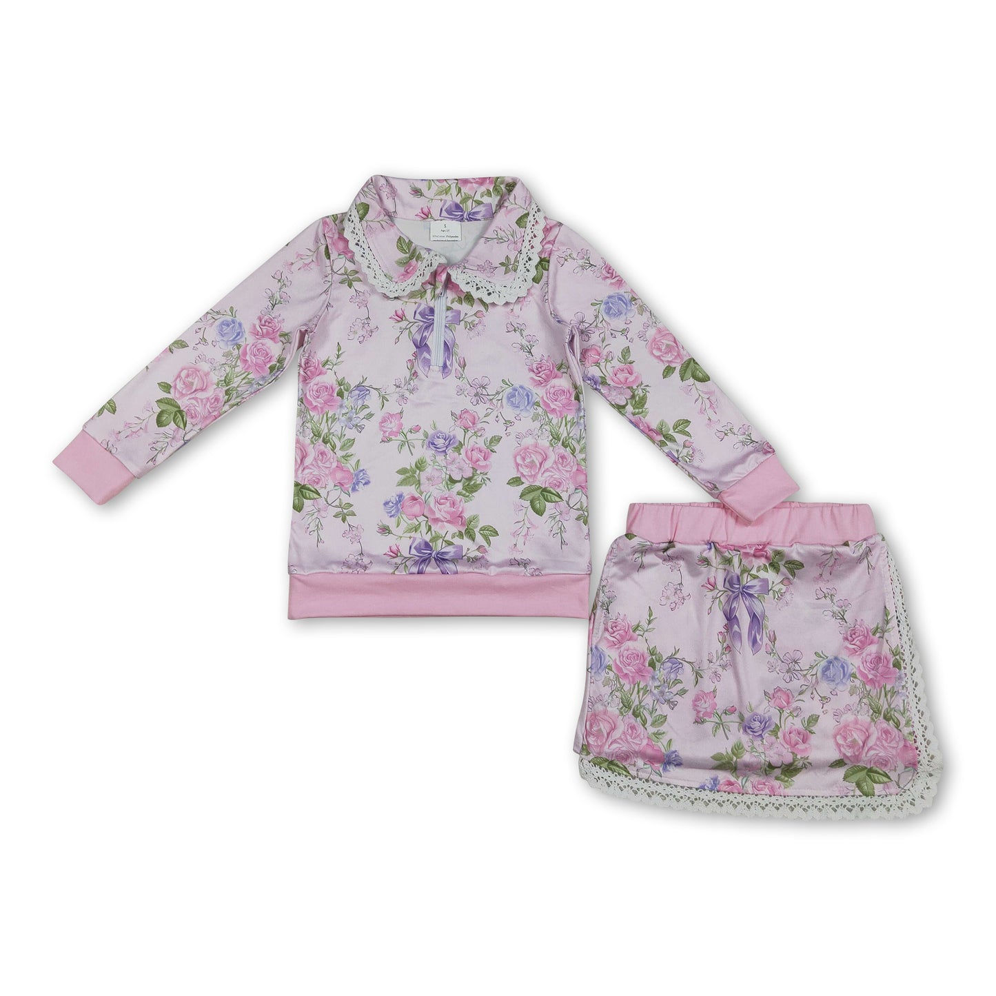 Long sleeves floral zipper pullover shorts kids girls outfits