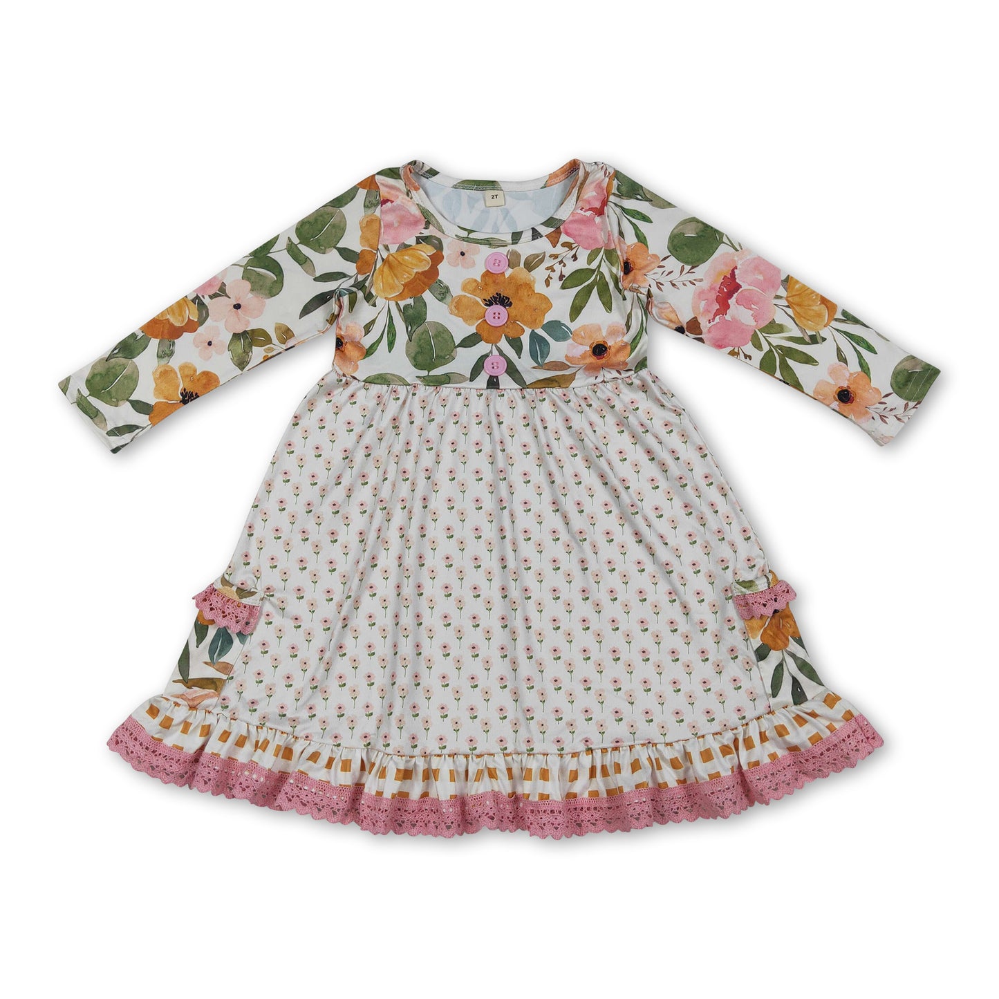Long sleeves floral pockets ruffle girls dresses