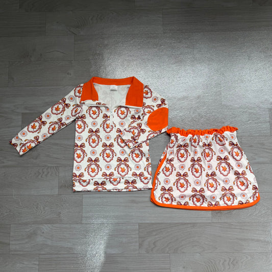 Long sleeves floral leaves bow pullover skirt girls outfits