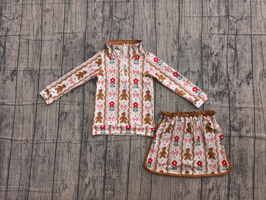 Gingerbread bow floral pullover skirt girls Christmas outfit
