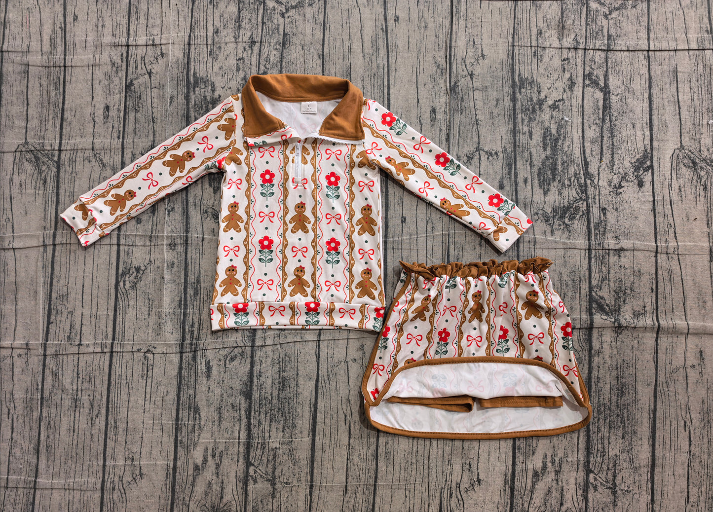 Gingerbread bow floral pullover skirt girls Christmas outfit