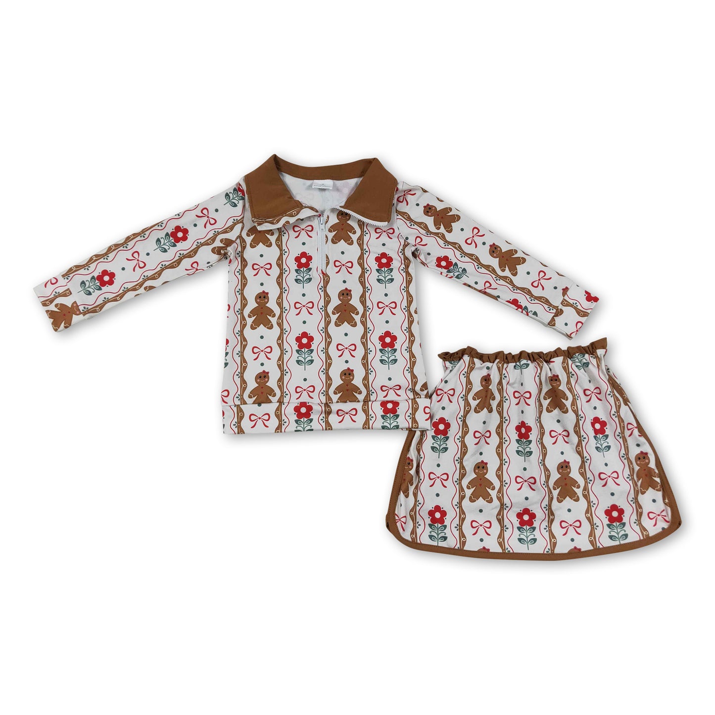 Gingerbread bow floral pullover skirt girls Christmas outfit