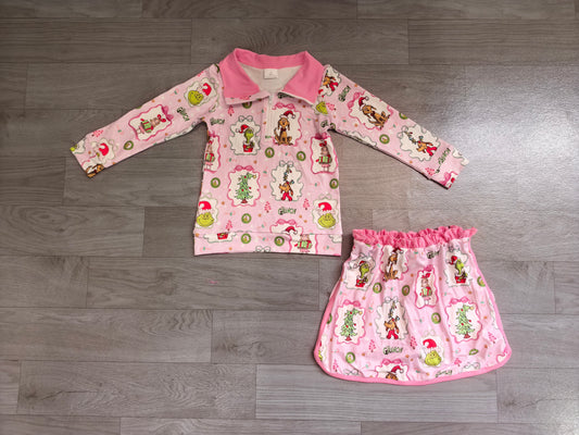 Pink bow green face pullover skirt girls Christmas outfit