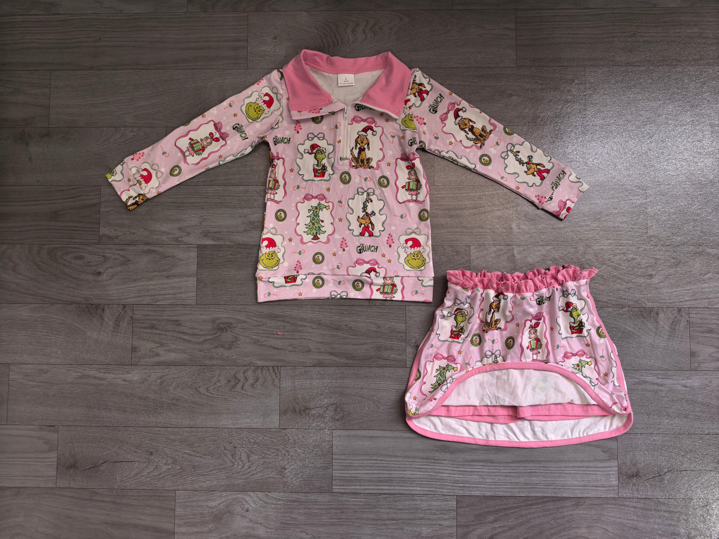 Pink bow green face pullover skirt girls Christmas outfit