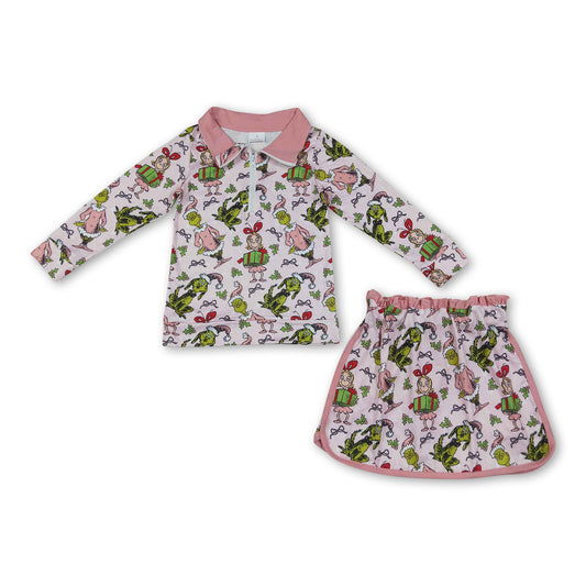 Green face gift pink pullover skirt girls Christmas outfit