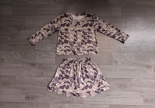 Long sleeves camo scallop top skirt kids girls outfits