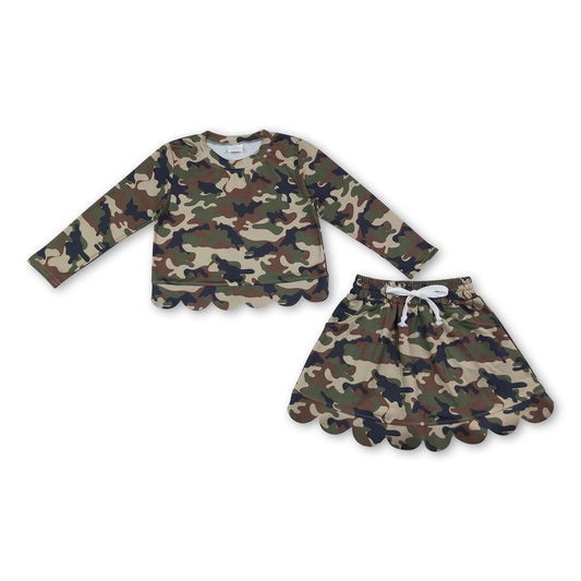 Long sleeves green camo scallop top skirt kids girls outfits