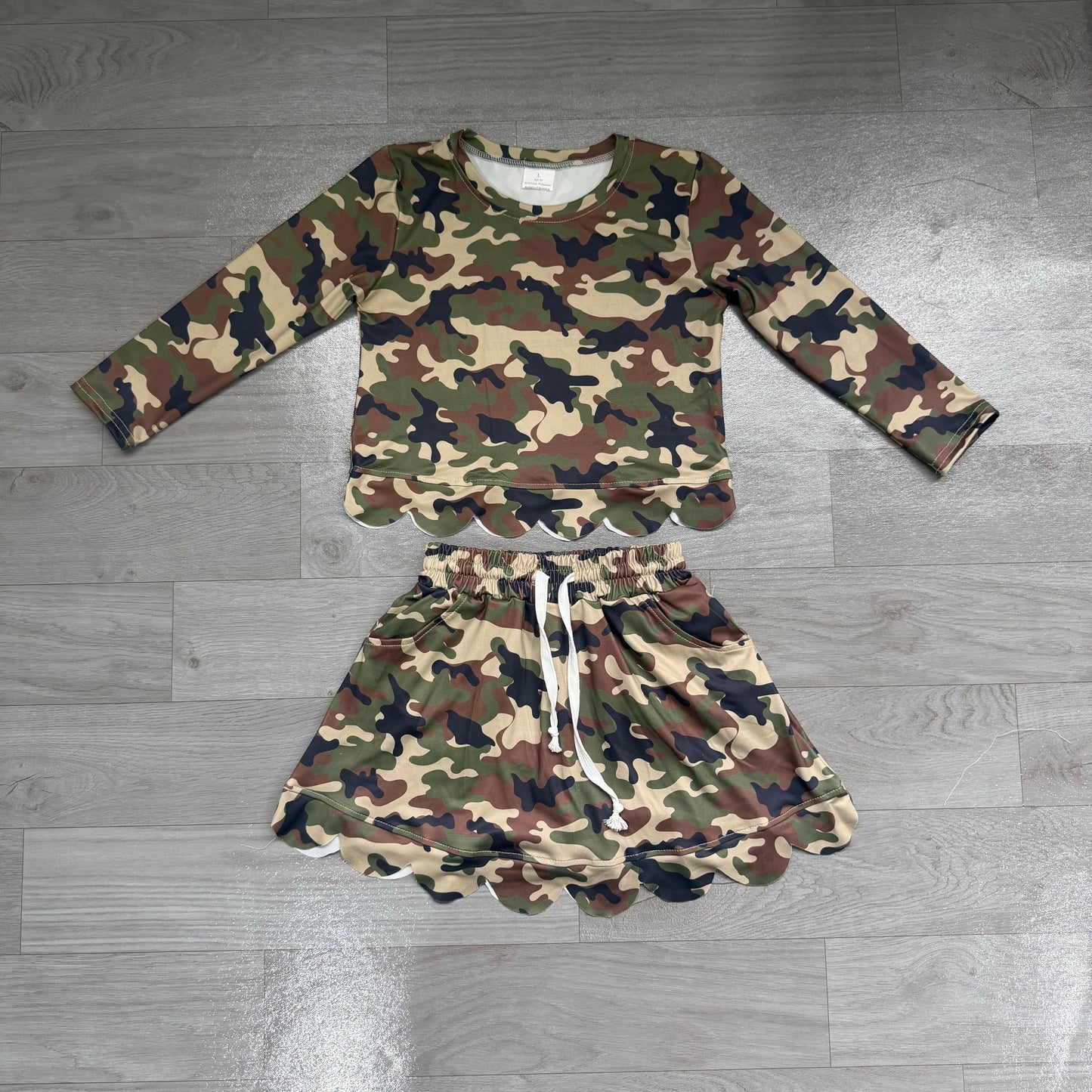 Long sleeves green camo scallop top skirt kids girls outfits