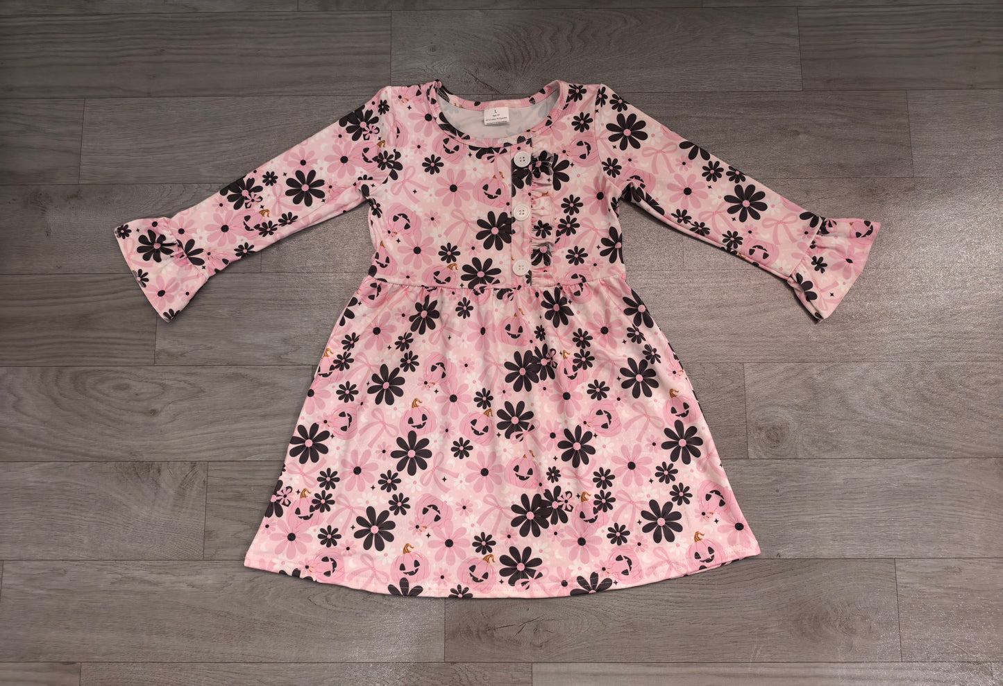 Long sleeves pink bow pumpkin floral girls Halloween dress