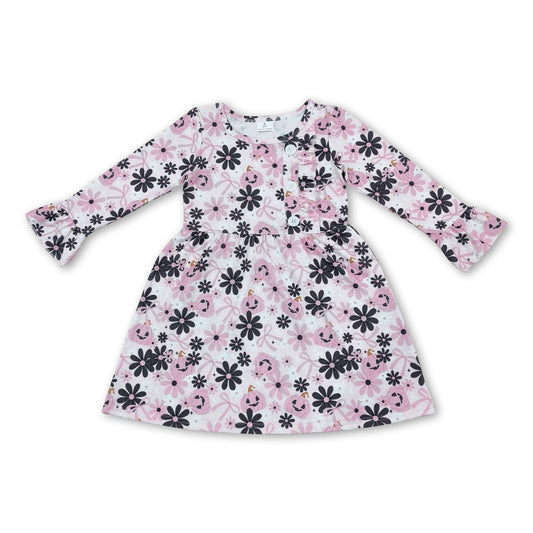 Long sleeves pink bow pumpkin floral girls Halloween dress