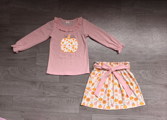 Pink ruffle pumpkin embroidery top skirt girls outfits