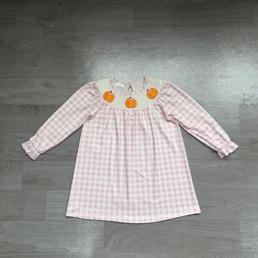 Pink plaid pumpkin bow smocked kids girls fall dress