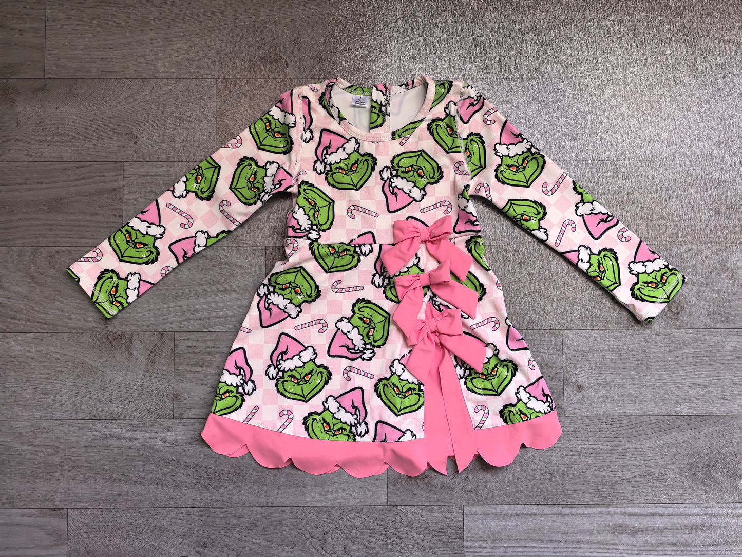 Long sleeves pink plaid scallop girls Christmas athletic dress