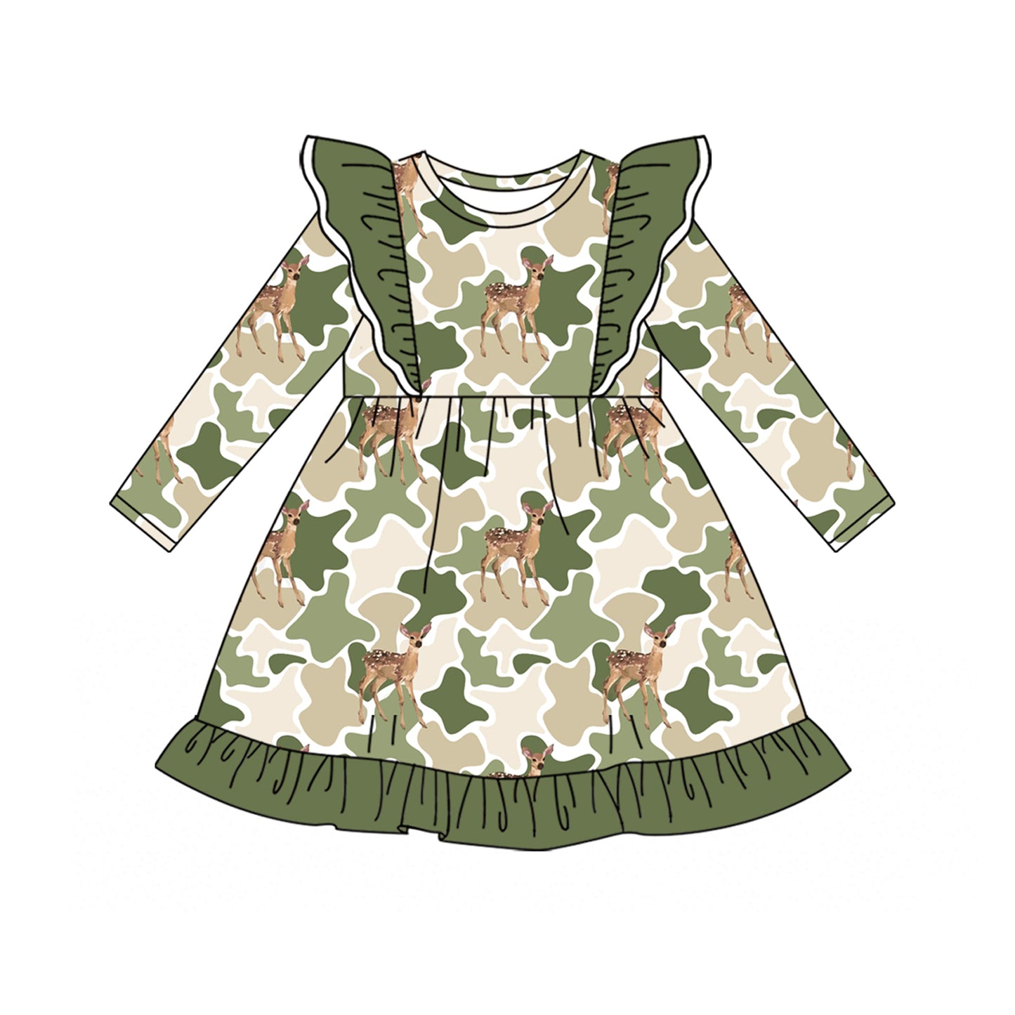 Long sleeves deer green camo ruffle baby girls dress