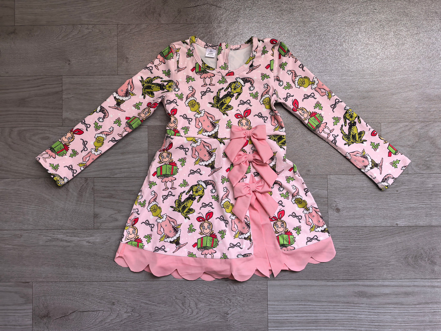 Long sleeves bow gift pink scallop girls Christmas athletic dress