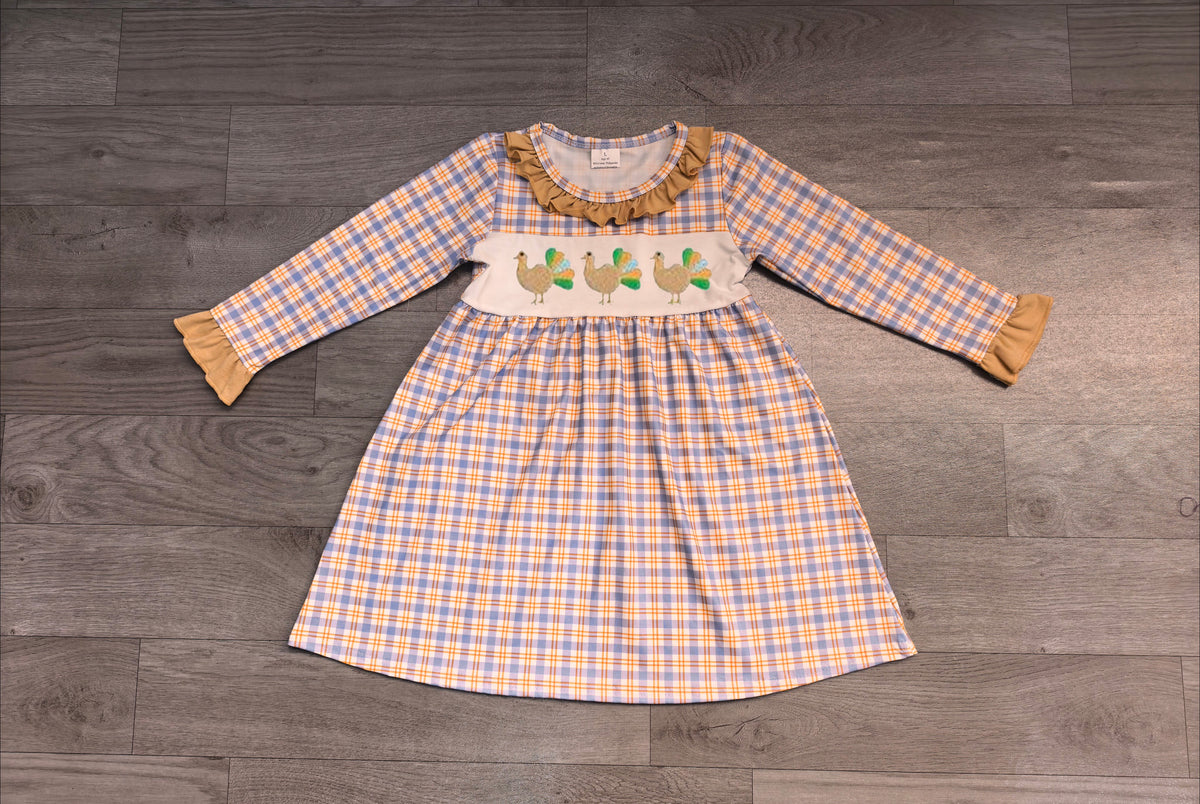 Plaid turkey embroidery girls Thanksgiving dress