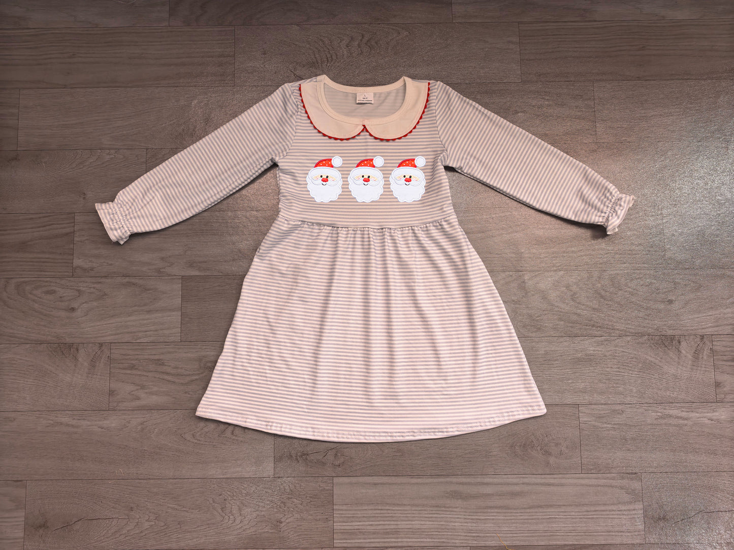 Long sleeves stripe santa embroidery girls Christmas dress