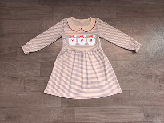Long sleeves stripe santa embroidery girls Christmas dress