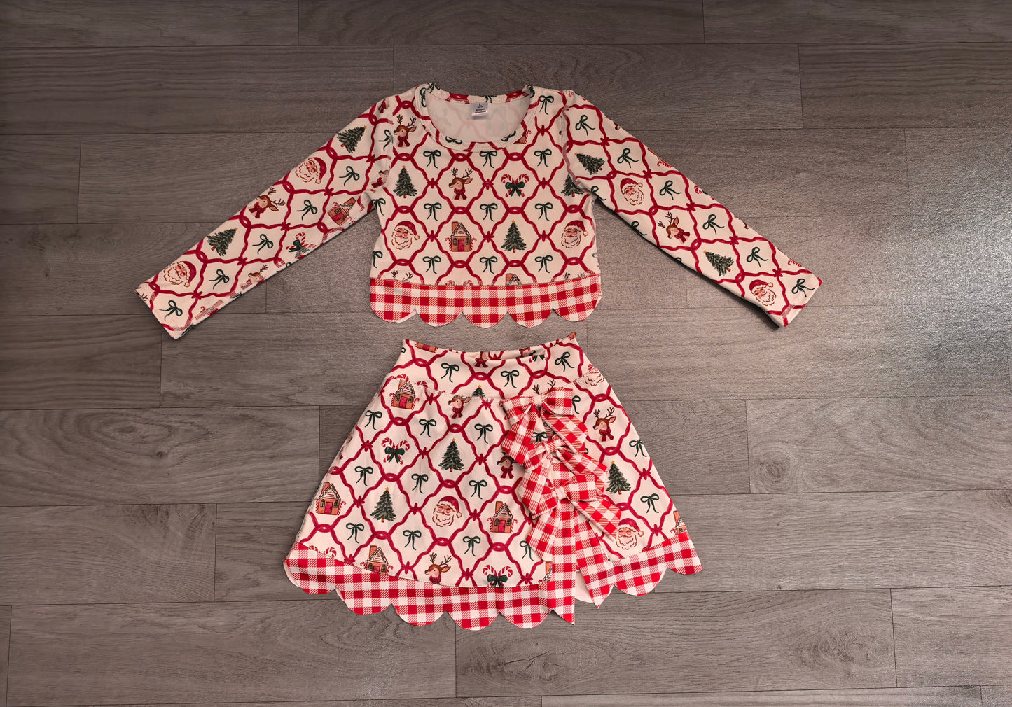 Santa deer bow scallop girls Christmas active wear set