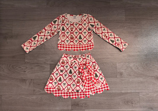 Santa deer bow scallop girls Christmas active wear set