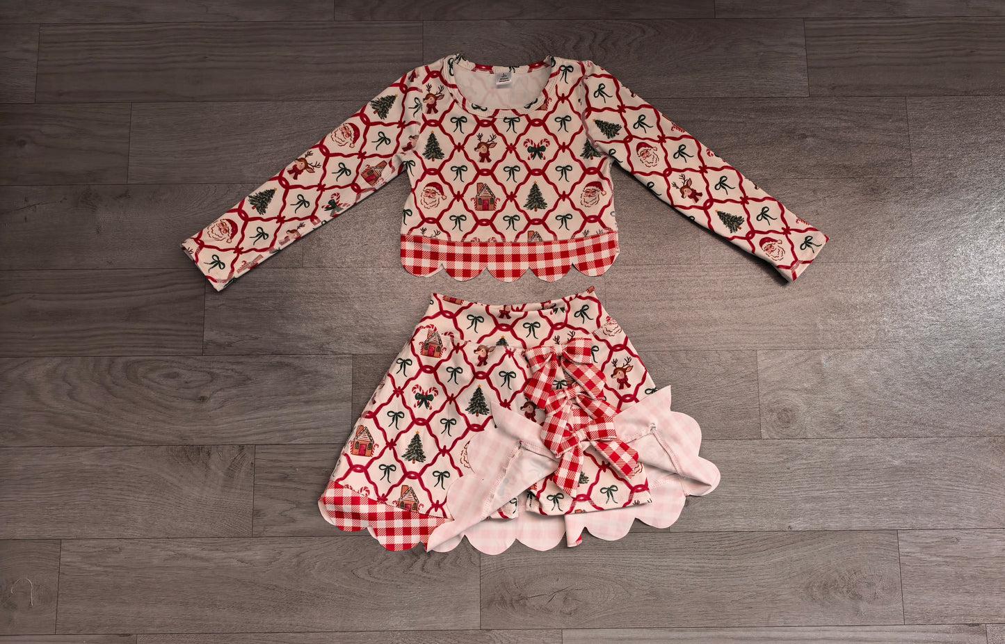 Santa deer bow scallop girls Christmas active wear set