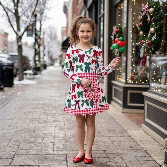 Red green bows scallop girls Christmas active wear set