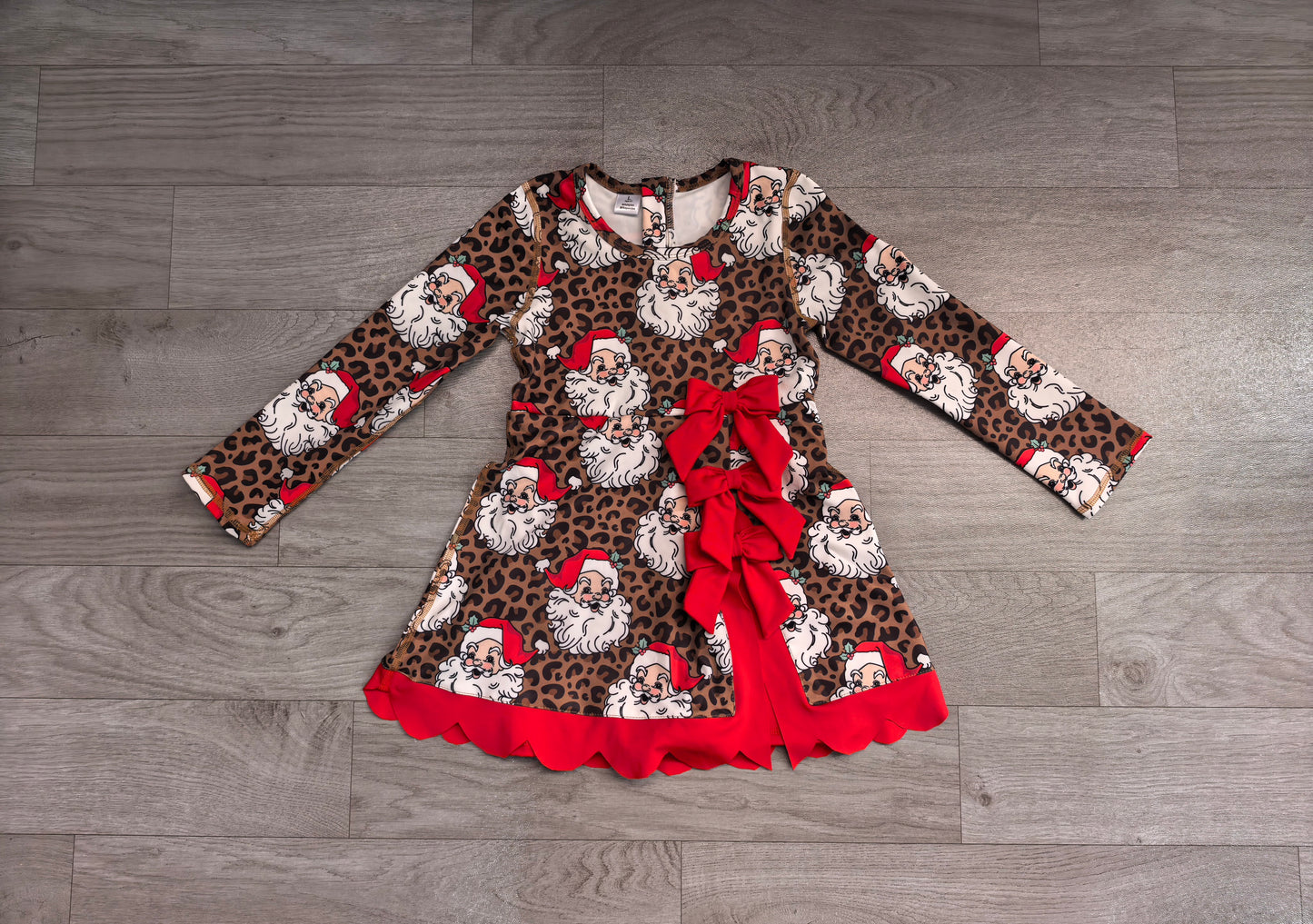 Leopard santa scallop bow girls Christmas athletic dress