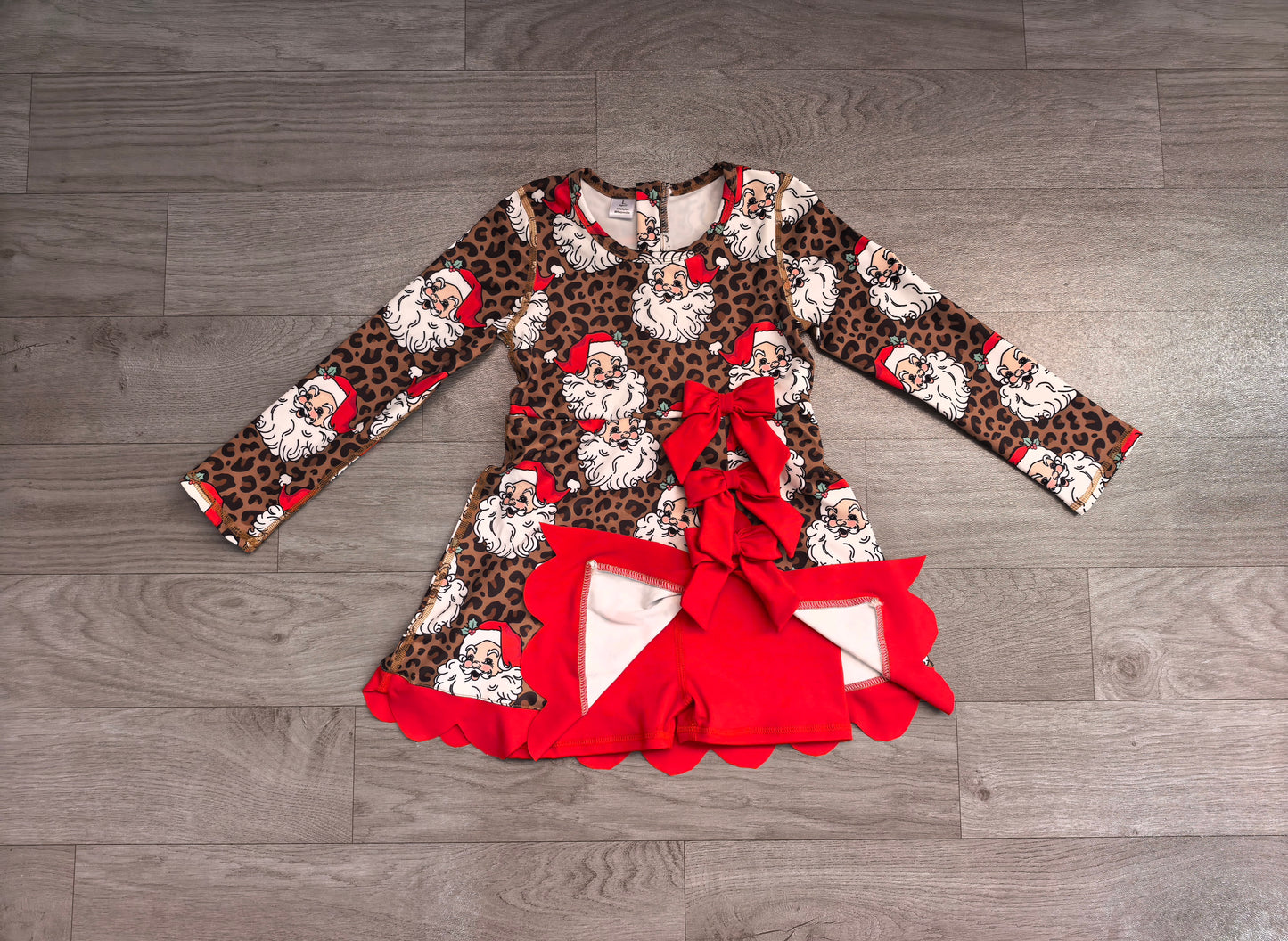 Leopard santa scallop bow girls Christmas athletic dress