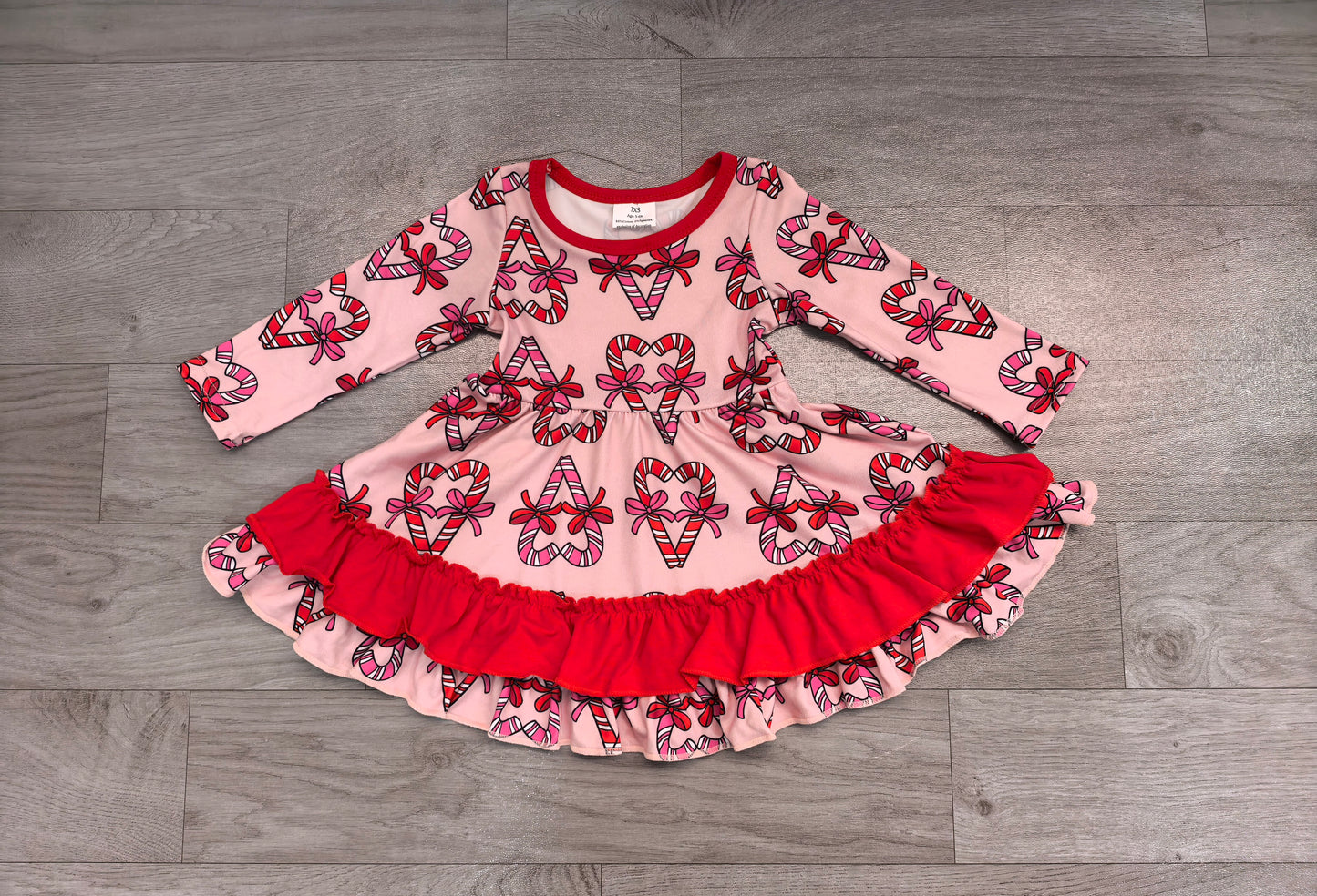 Long sleeves candy cane bow ruffle girls Christmas dress