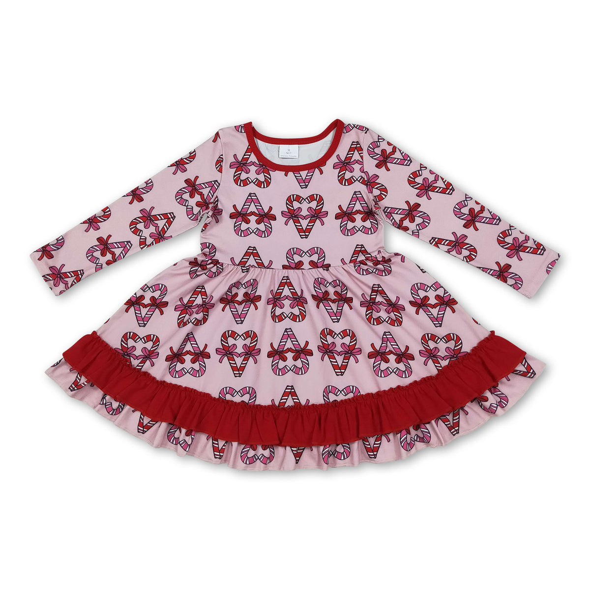 Long sleeves candy cane bow ruffle girls Christmas dress