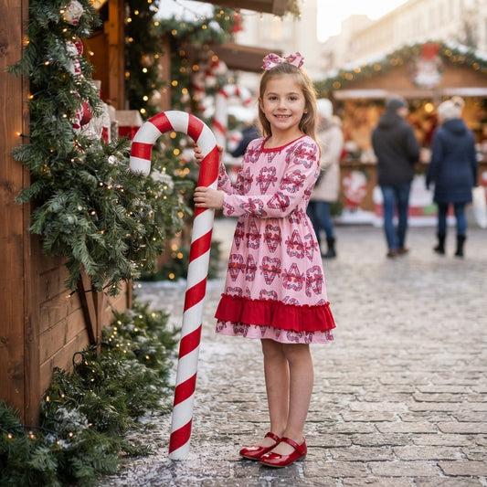 Long sleeves candy cane bow ruffle girls Christmas dress
