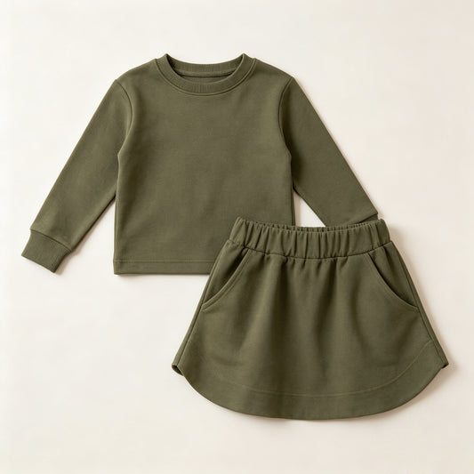 Long sleeves olive cotton top skirt kids girls outfits