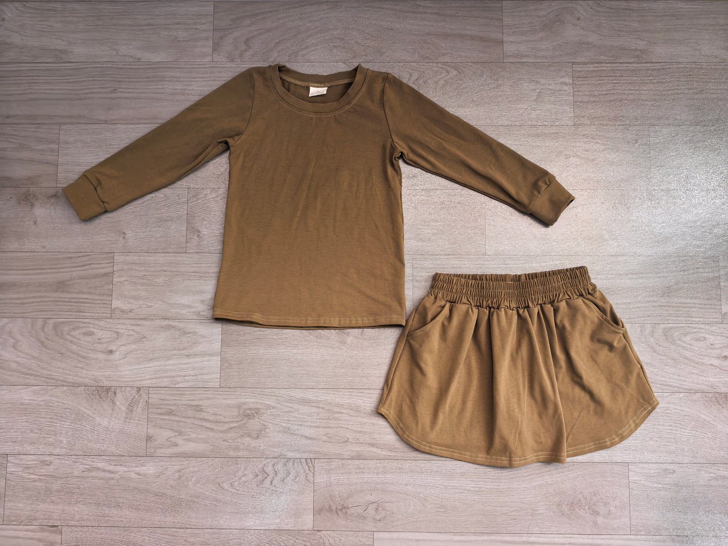 Long sleeves olive cotton top skirt kids girls outfits