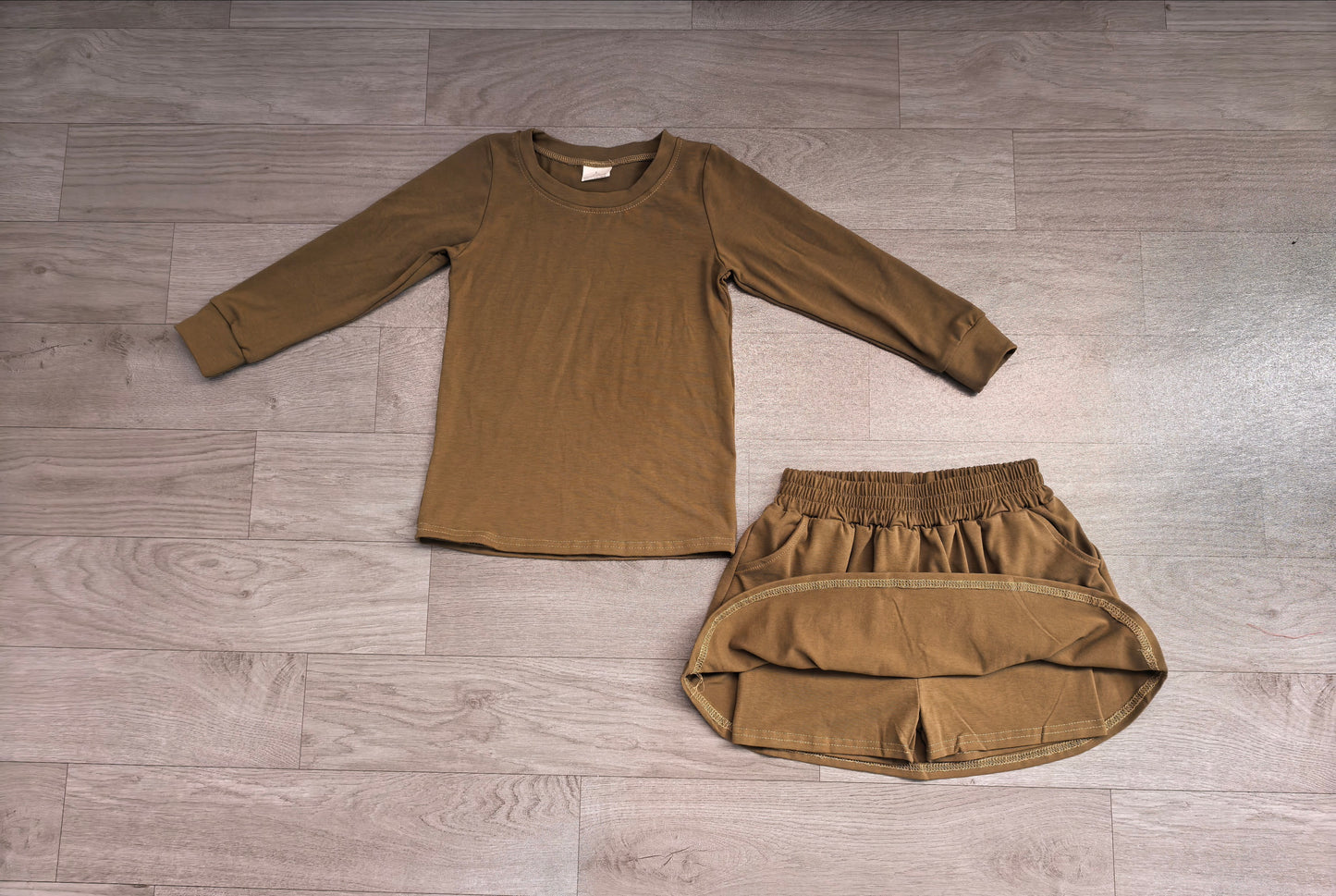 Long sleeves olive cotton top skirt kids girls outfits
