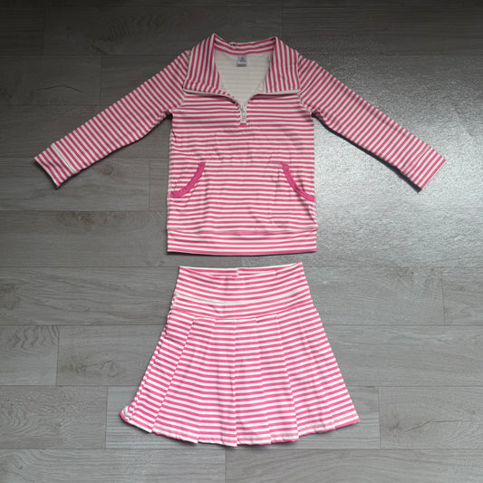 Pink stripe pullover pleated skirt girls active wear set
